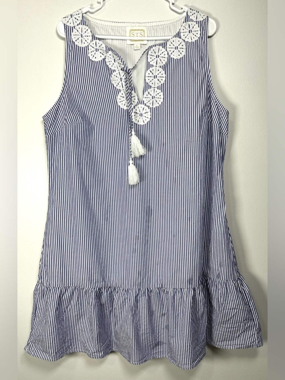 Sail to Sable Navy and White Striped Sleeveless Dress with Crochet Trim size XL